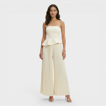 Cream peplum bustier jumpsuit with wide legs