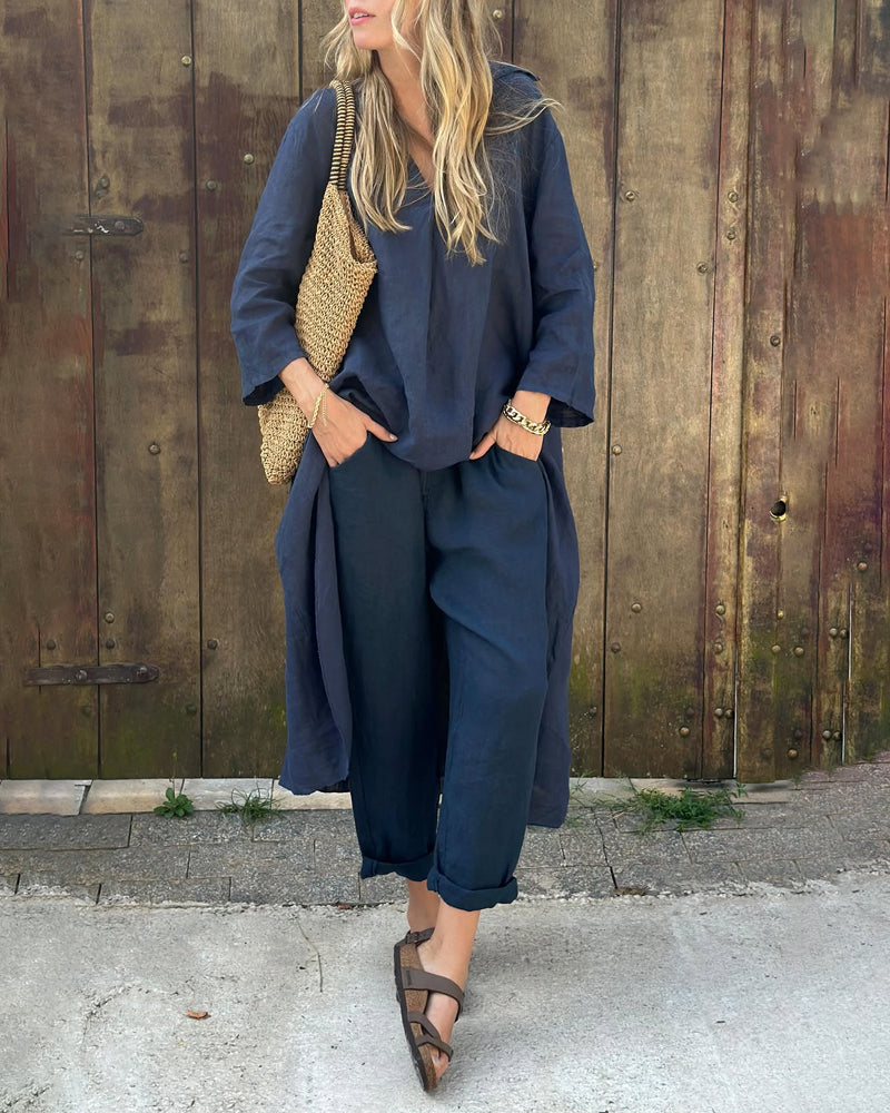 V-neck long sleeve two-piece set, front view