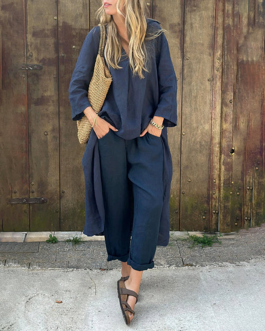 V-neck long sleeve two-piece set, front view
