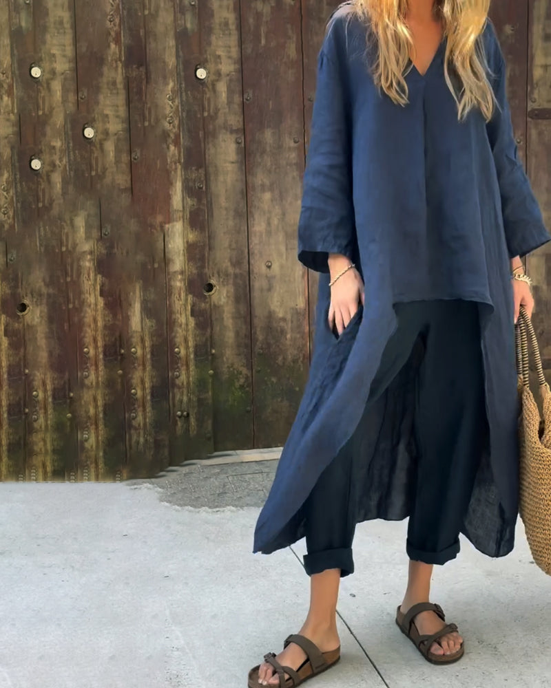 V-neck top with wide-leg trousers, side view
