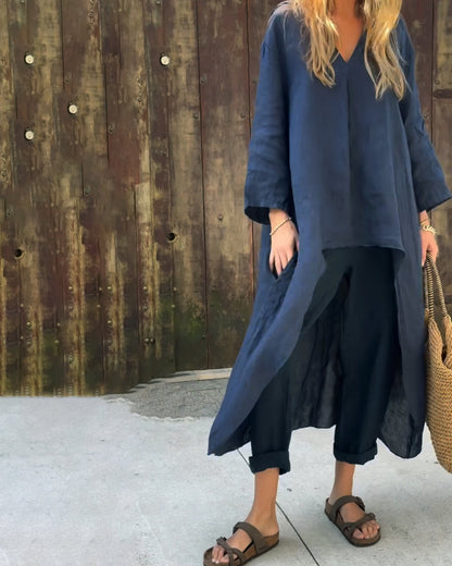 V-neck top with wide-leg trousers, side view