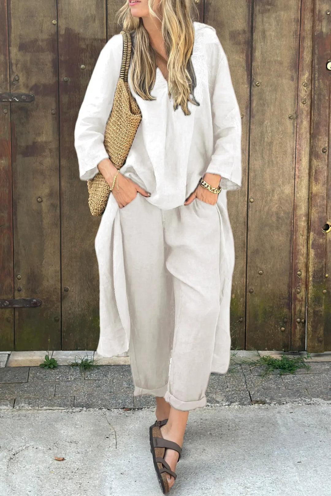 V-neck long sleeve set shown on model