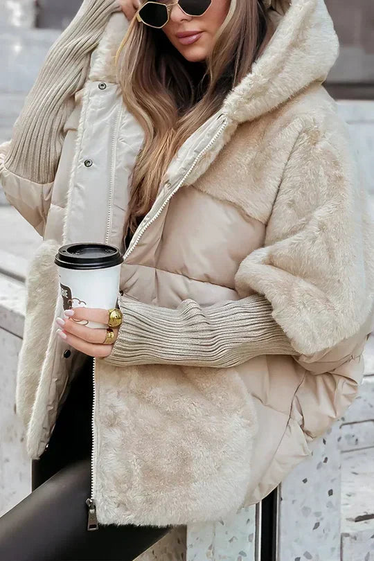Gail hooded oversized puffer jacket with faux fur in beige