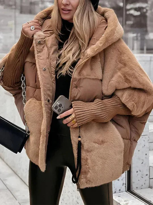 Hooded oversized puffer jacket with faux fur in brown, additional view 10
