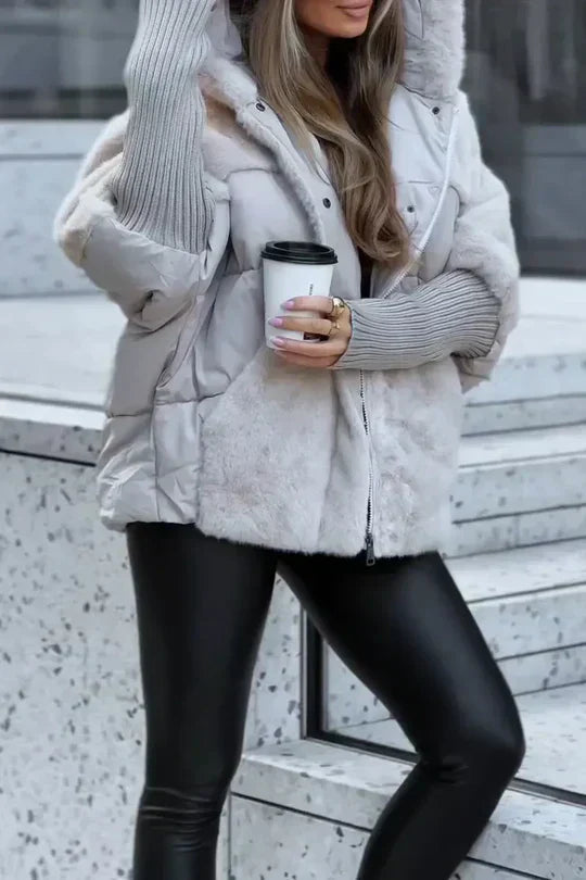 Hooded oversized puffer jacket with faux fur in gray, additional view 11