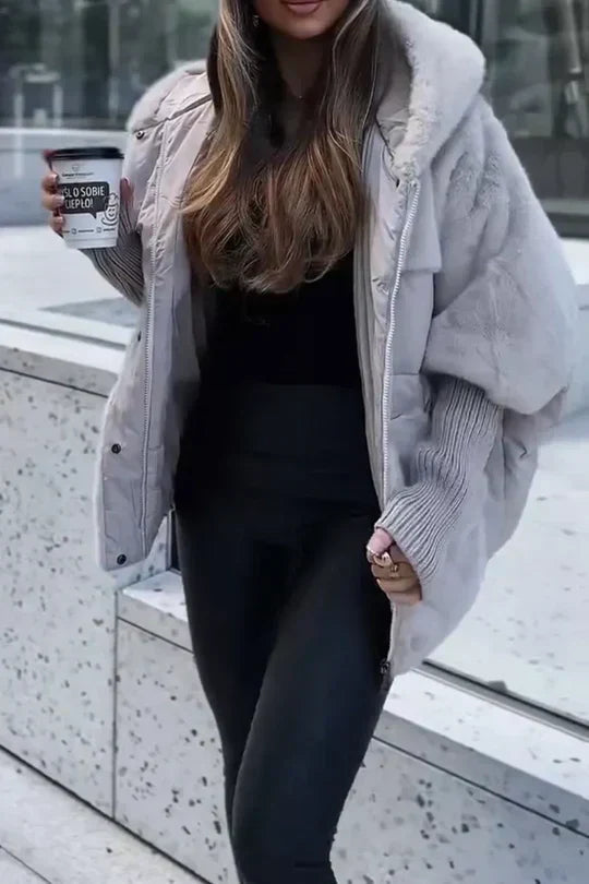 Hooded oversized puffer jacket with faux fur in gray, additional view 12
