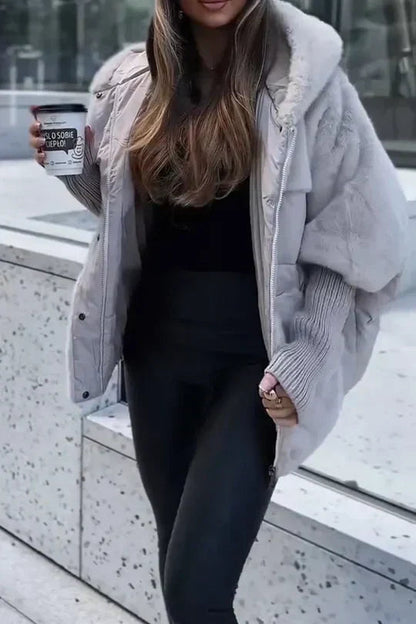 Hooded oversized puffer jacket with faux fur in gray, additional view 12