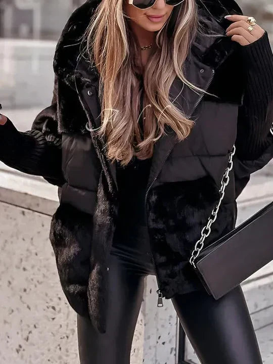 Hooded oversized puffer jacket with faux fur in black