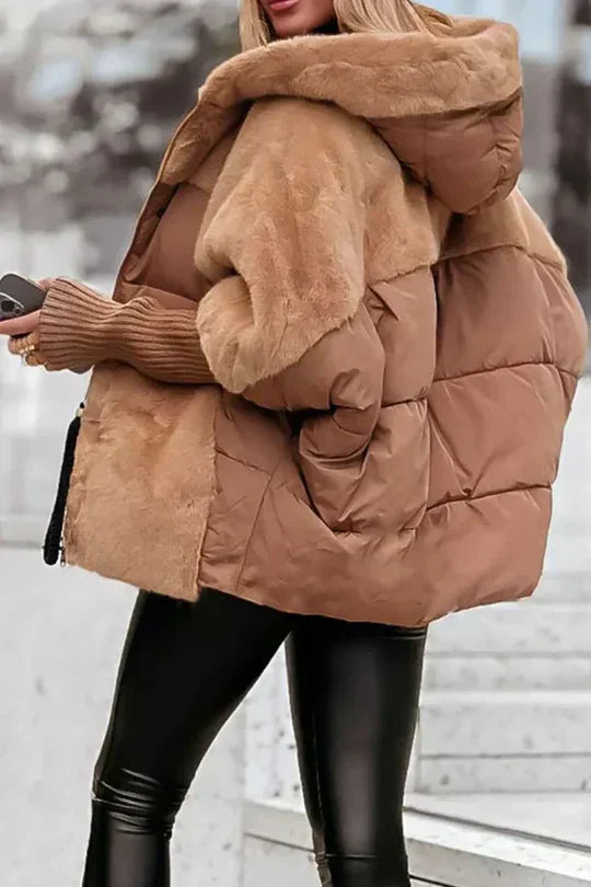 Hooded oversized puffer jacket with faux fur in brown