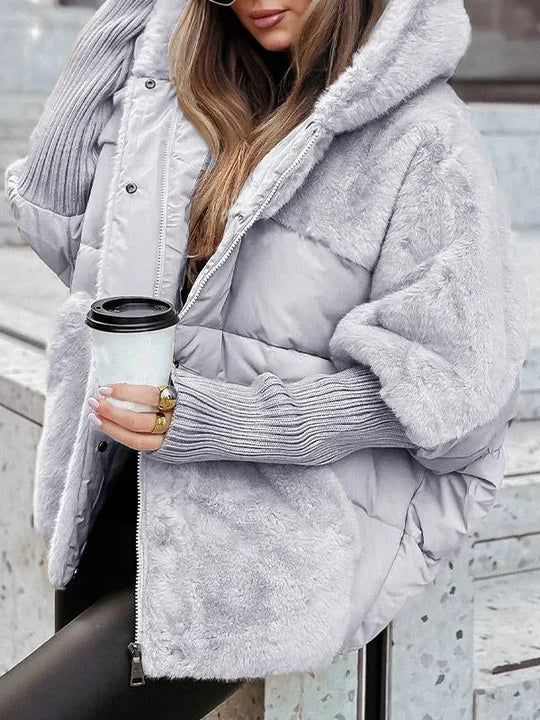 Hooded oversized puffer jacket with faux fur in gray