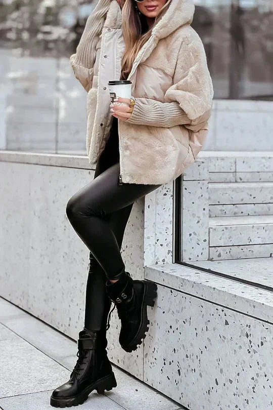 Hooded oversized puffer jacket with faux fur in beige