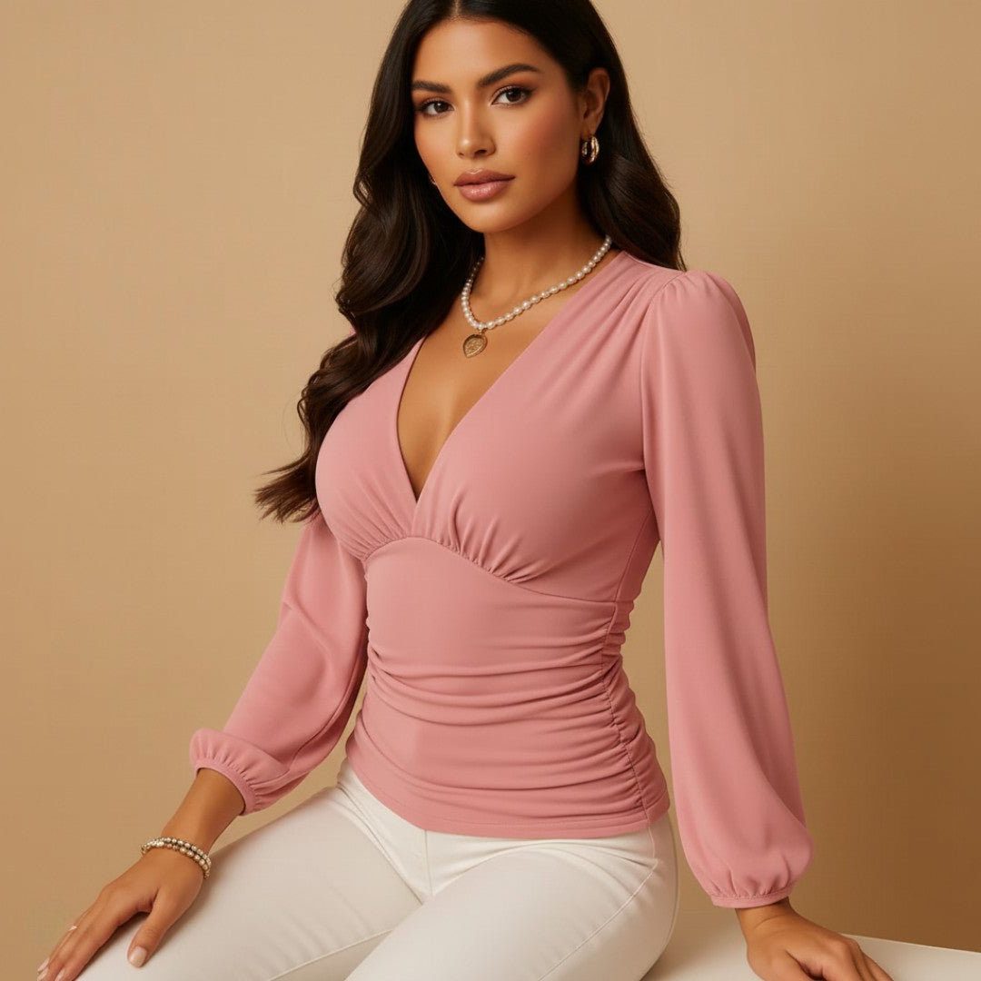 Dressy long sleeve v-neck blouse in pink