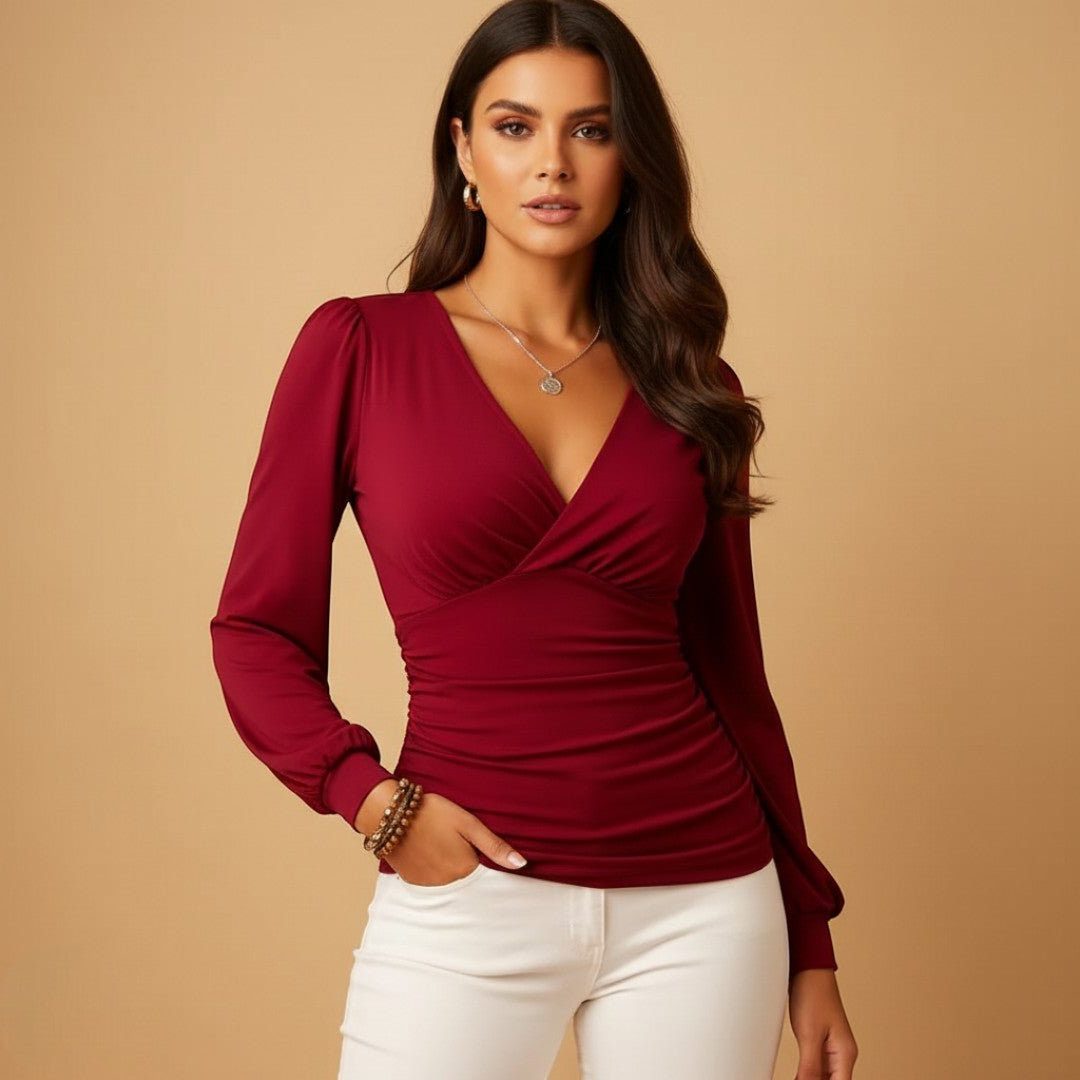 Dressy long sleeve v-neck blouse in burgundy