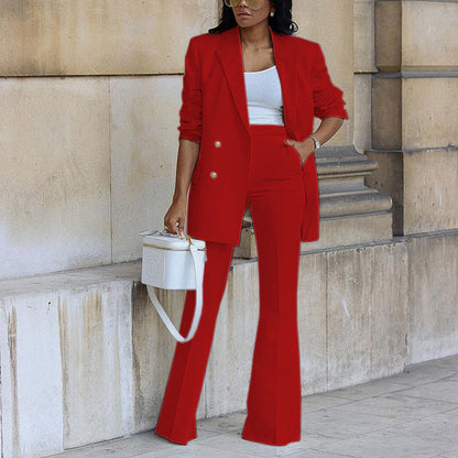 Suit set showing flared trousers