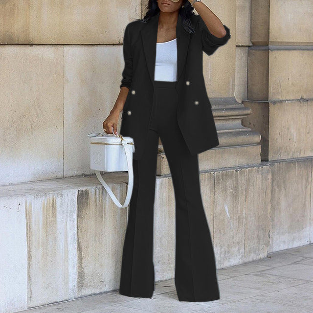 Blazer and flared trouser suit set, side view