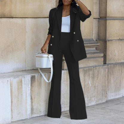 Blazer and flared trouser suit set, side view