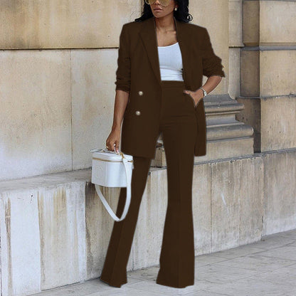 Longline blazer and flared trouser suit set full-length view