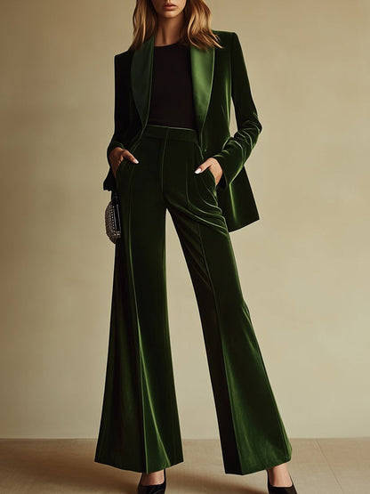 Ginger emerald velvet shawl collar blazer and flare trouser suit, front view