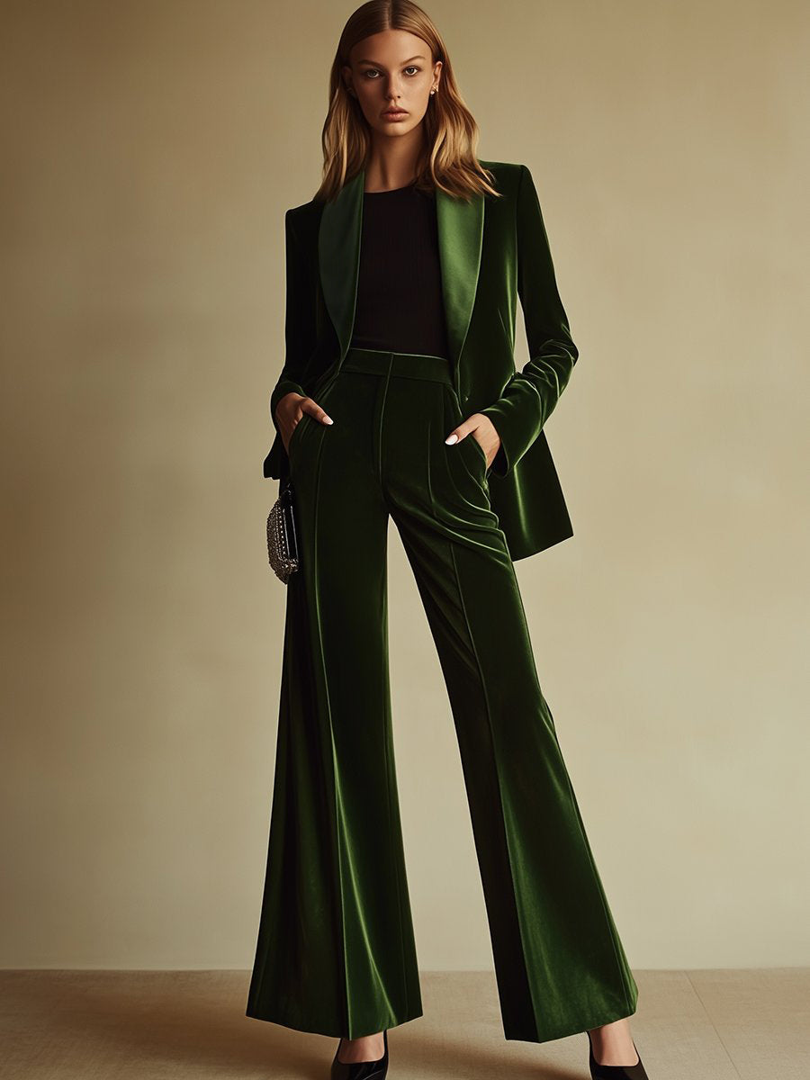 Emerald velvet shawl collar blazer and flare trouser suit, back view
