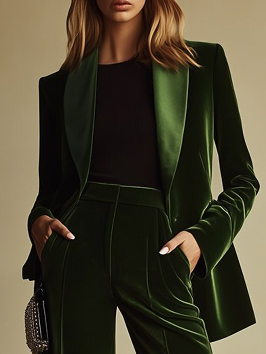 Emerald velvet shawl collar blazer and flare trouser suit, detail of the blazer