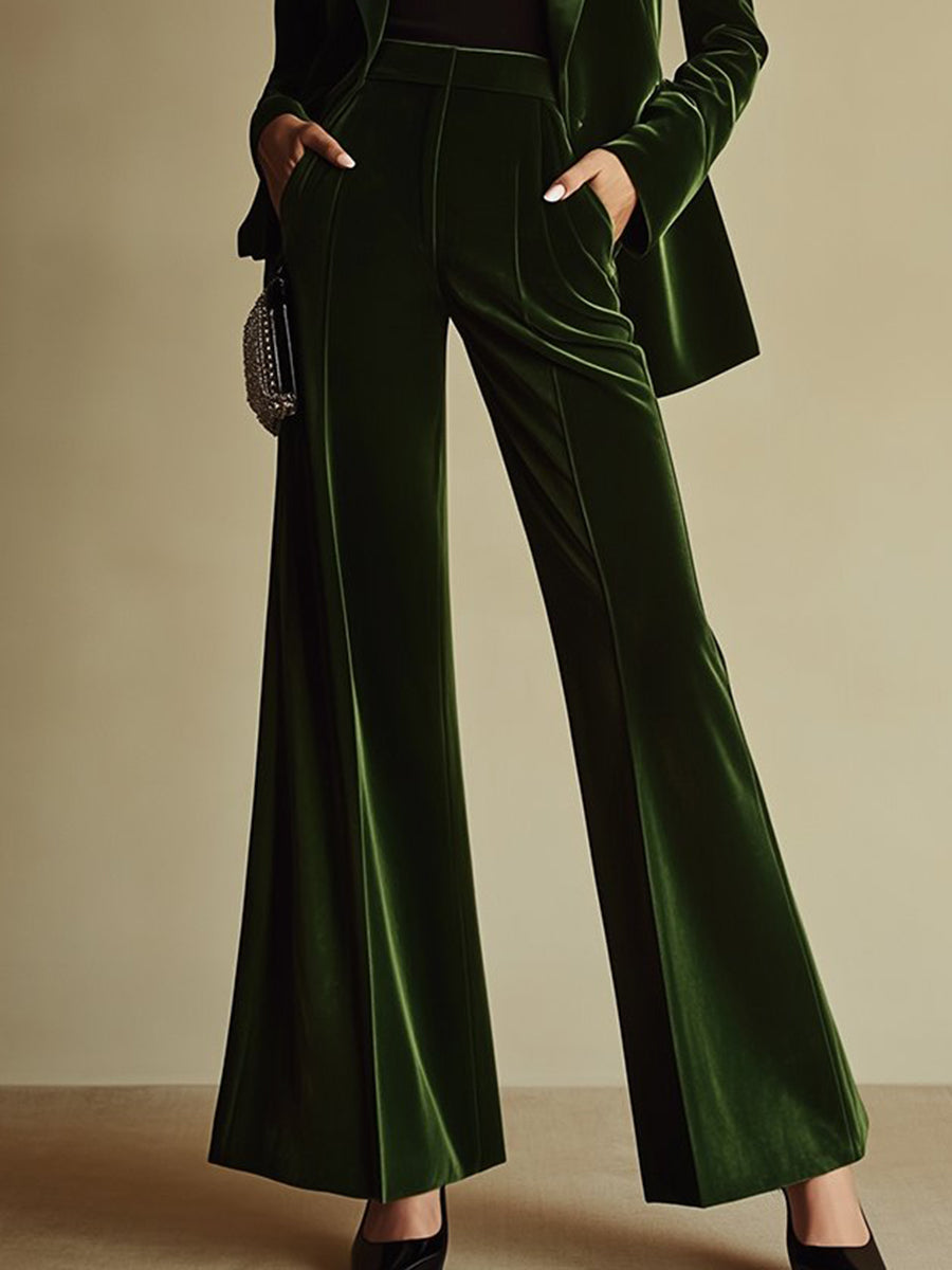 Emerald velvet shawl collar blazer and flare trouser suit, detail of the trousers