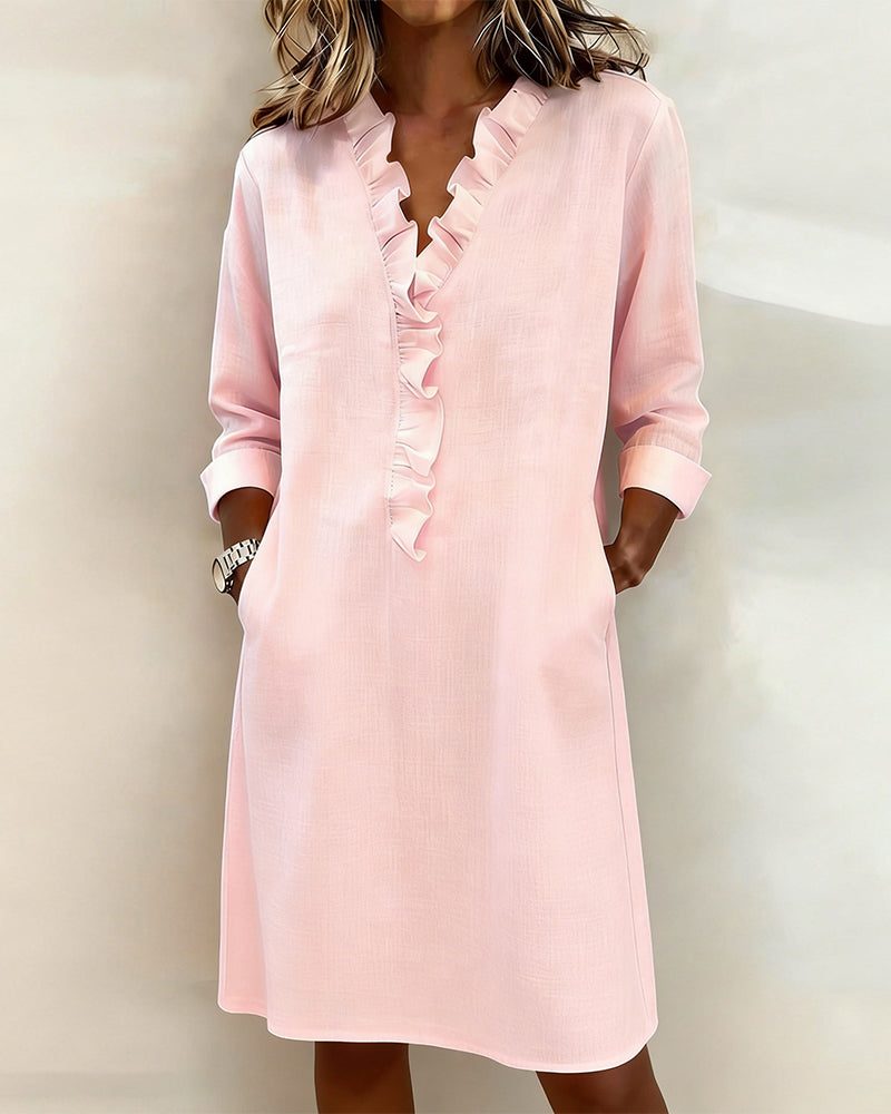 Giovanna v-neck ruffle midi dress in pink, front view