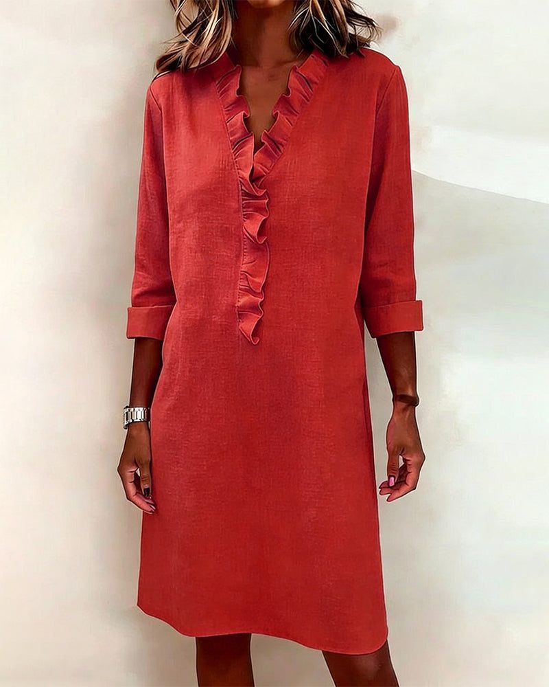 V-neck ruffle midi dress in red