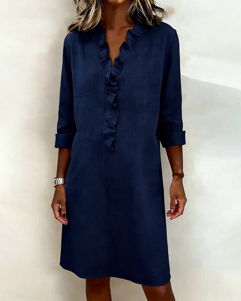 V-neck ruffle midi dress in navy blue
