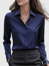 Gladys long sleeve satin collared office blouse, front view