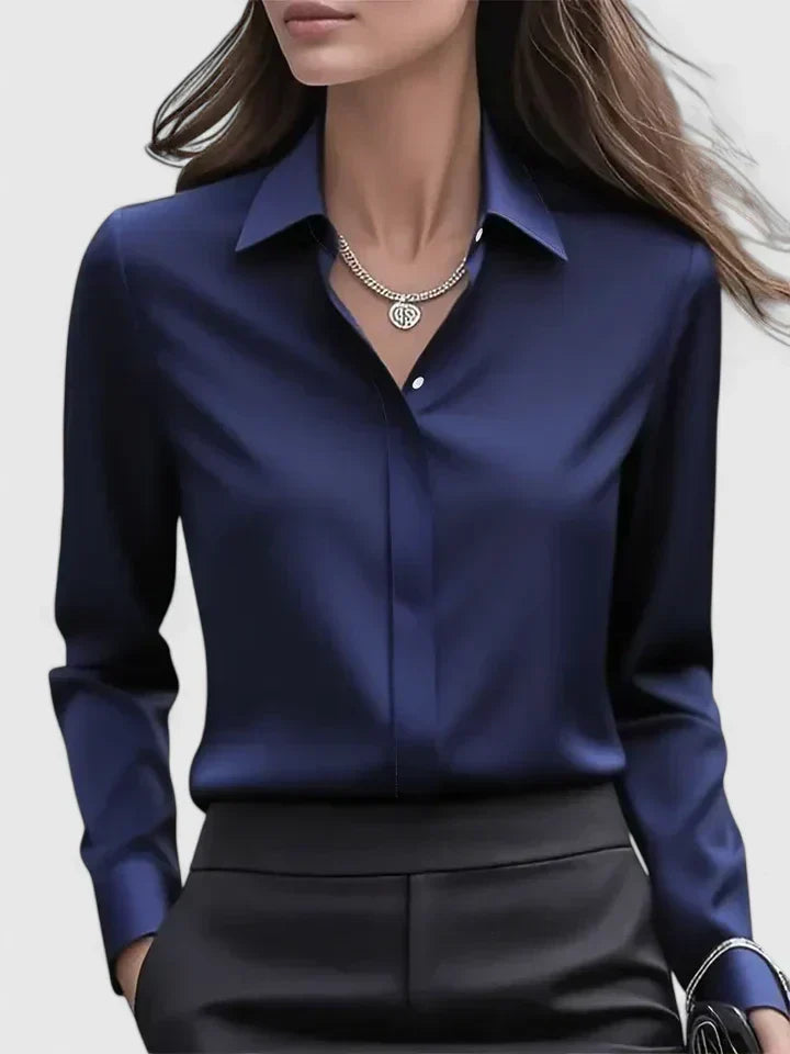 Gladys long sleeve satin collared office blouse, front view