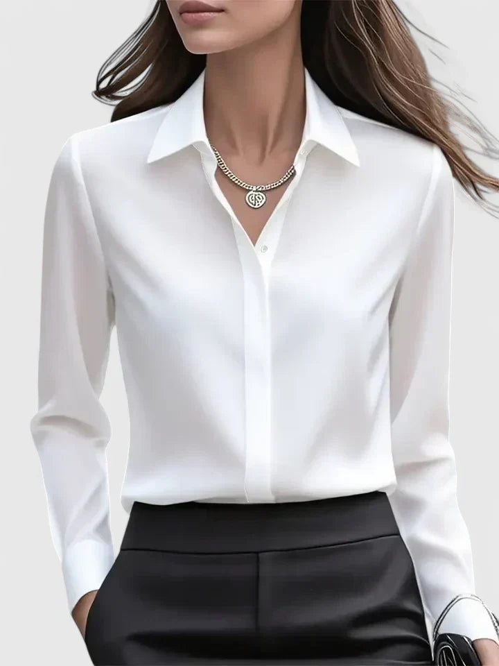 Long sleeve satin collared office blouse, side view