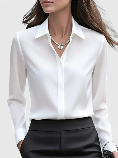 Long sleeve satin collared office blouse, side view