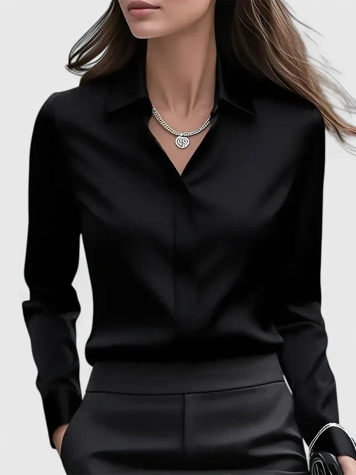 Long sleeve satin collared office blouse, back view