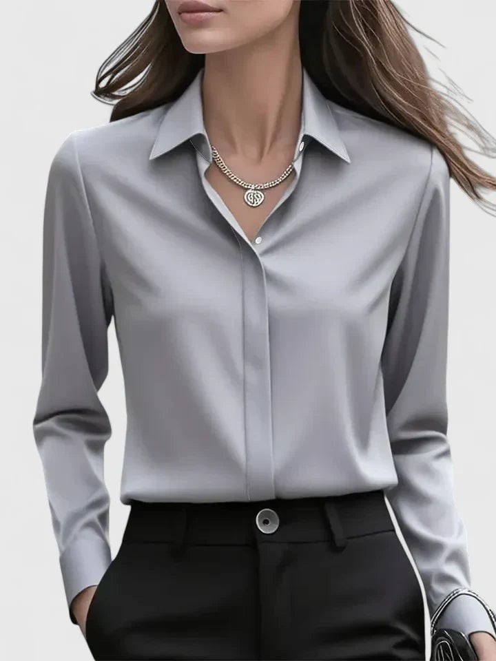 Long sleeve satin collared office blouse, close-up of the collar