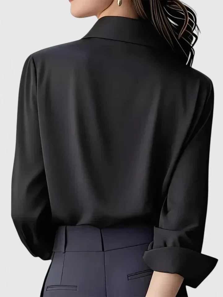 Long sleeve satin collared office blouse, detail of the sleeve