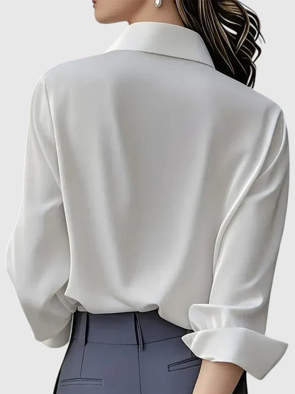 Long sleeve satin collared office blouse, styled view