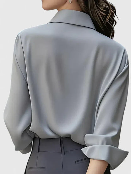 Long sleeve satin collared office blouse, detail view