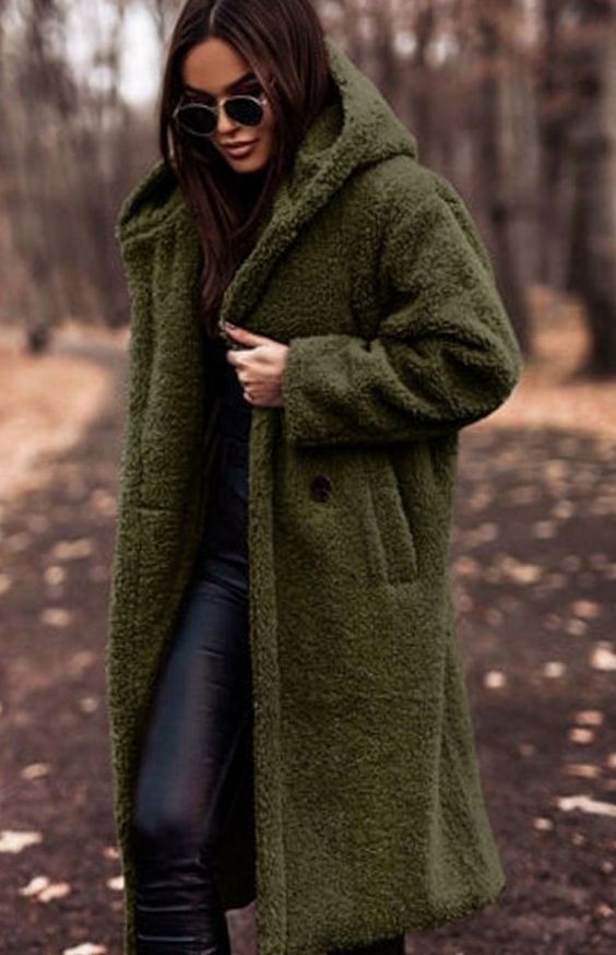 Oversized hooded faux fur longline coat, side view