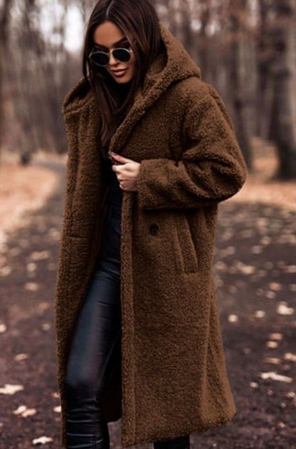 Oversized hooded faux fur longline coat, back view