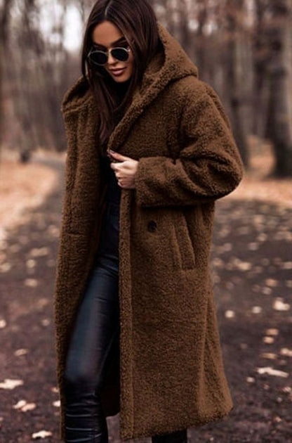Oversized hooded faux fur longline coat, back view
