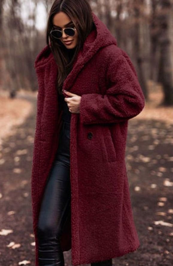 Oversized hooded faux fur longline coat, open front view