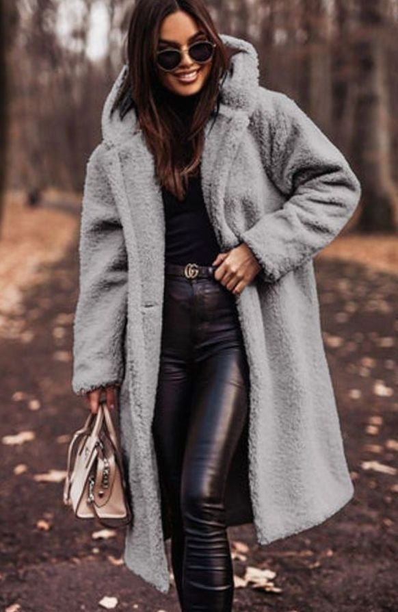 Oversized hooded faux fur longline coat, styled view