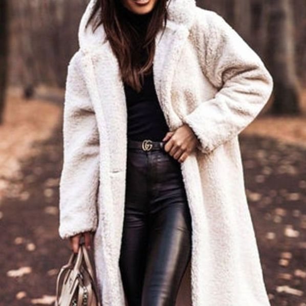 Oversized hooded faux fur longline coat, detail view