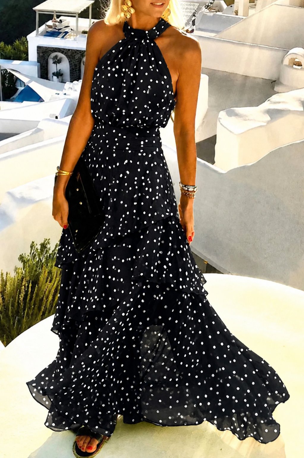 Maris | Polka Dot Halter Backless Maxi Dress