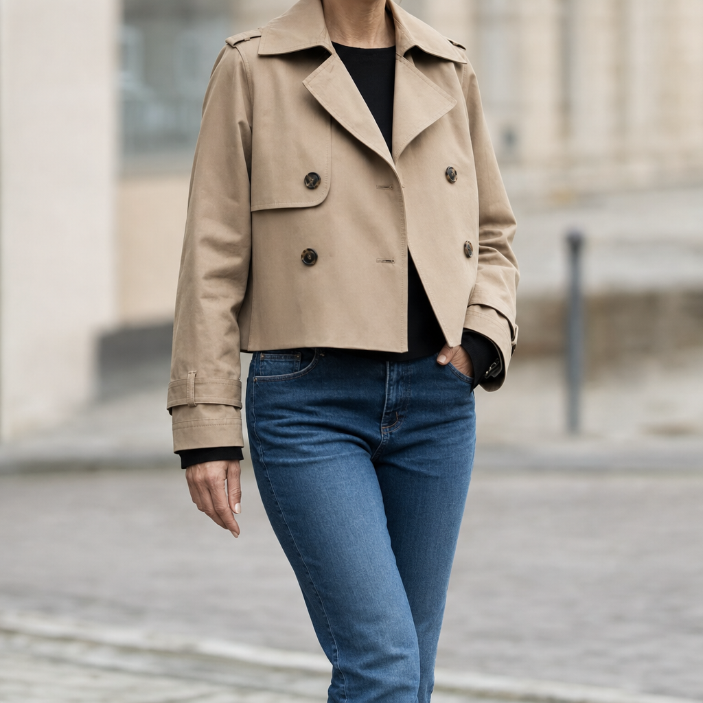 Hannelore cropped trench coat, front view