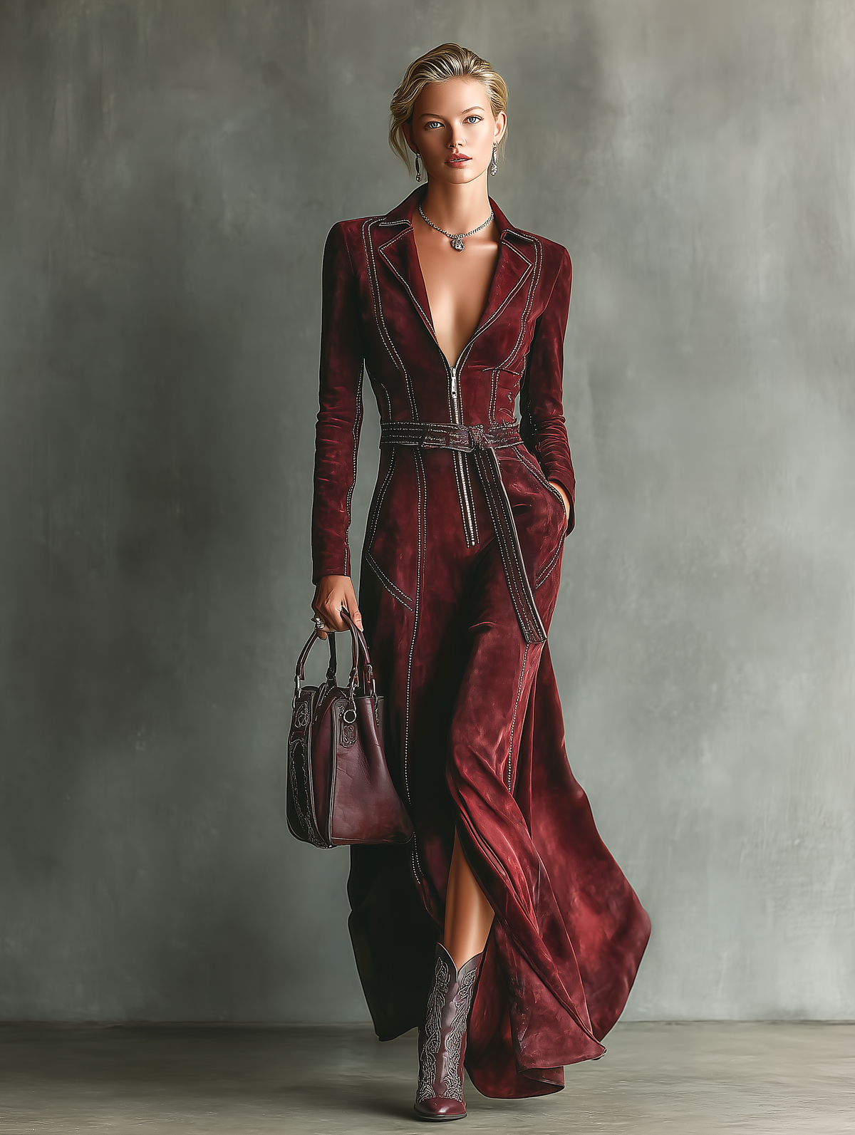 Color-block long-sleeve maxi dress for women view 2