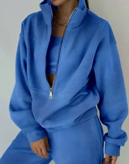 Half-zip pullover and high-waisted jogger set, side view