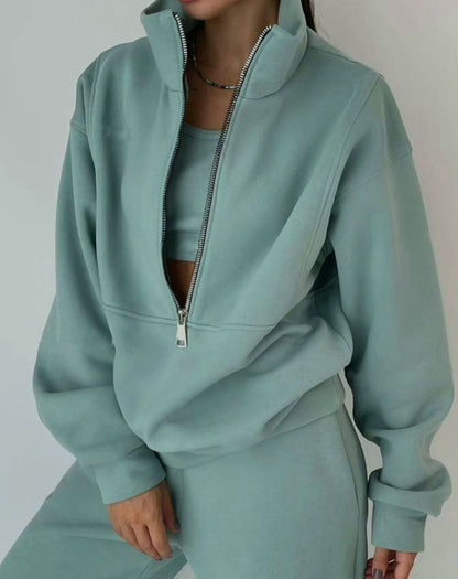 Half-zip pullover and high-waisted jogger set, back view