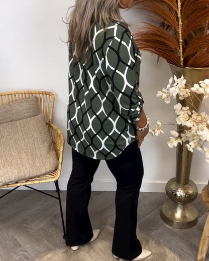 Long sleeve geometric print blouse, back view