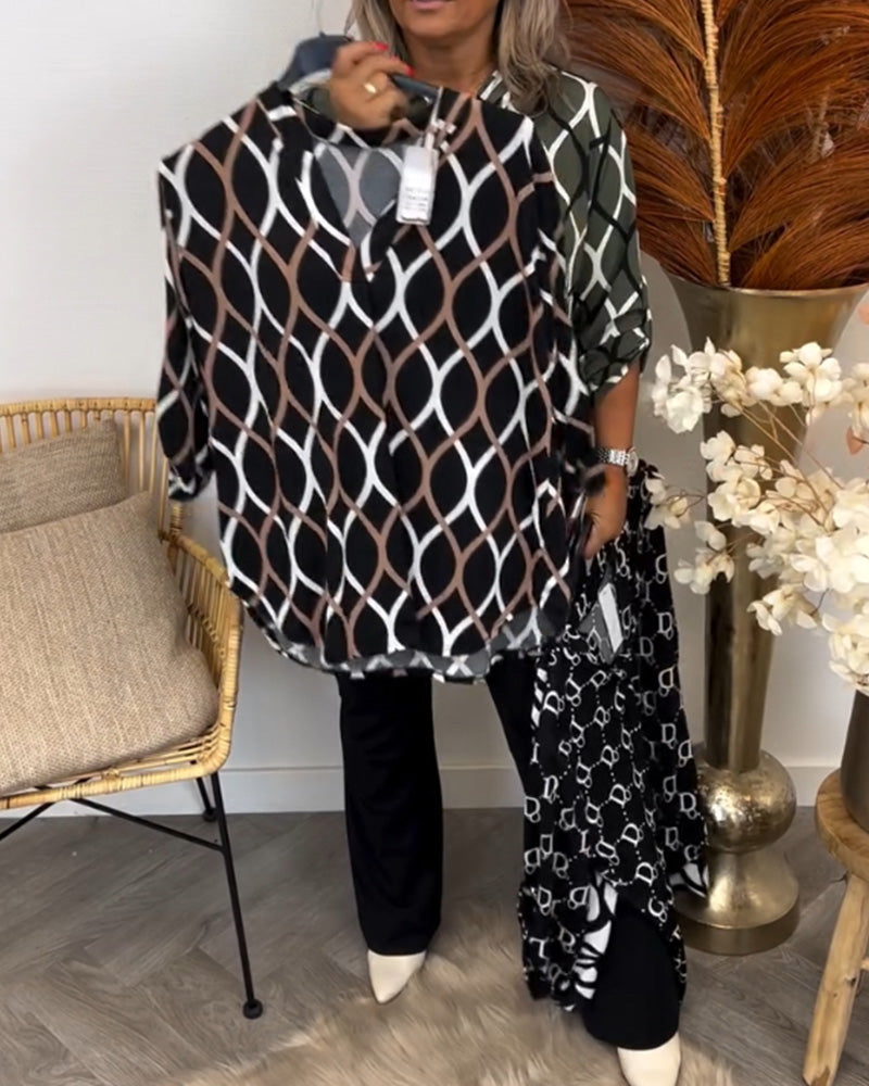 Long sleeve geometric print blouse, styled view